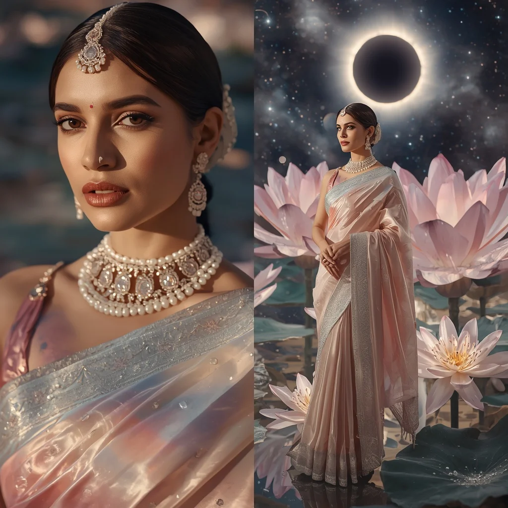 Festive Pastel Saree Crystal Eclipse Lotus Universe Collage | Instagram Highlight Cover Ai Prompt