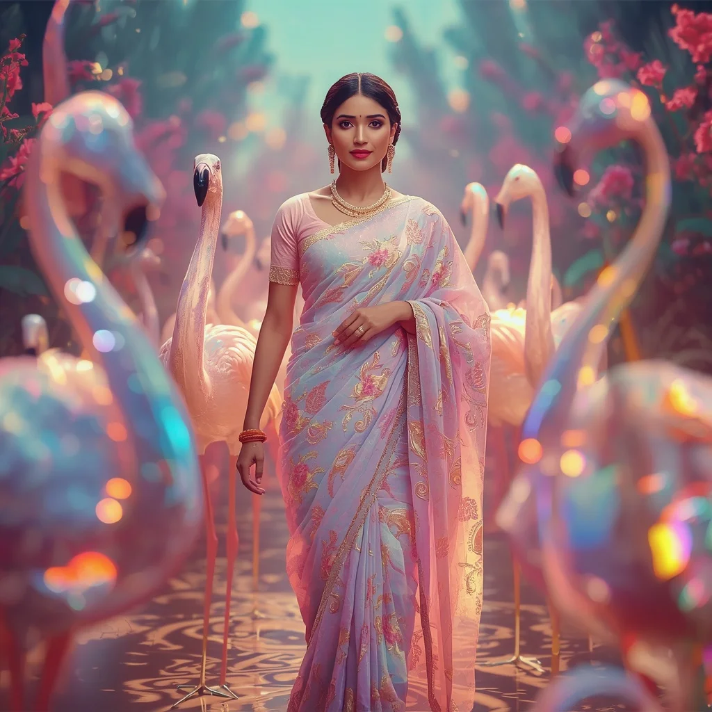Festive Pastel Saree Crystal Flamingo Nebula Garden Collage Premium | Prompt For Traditional Look For Couple