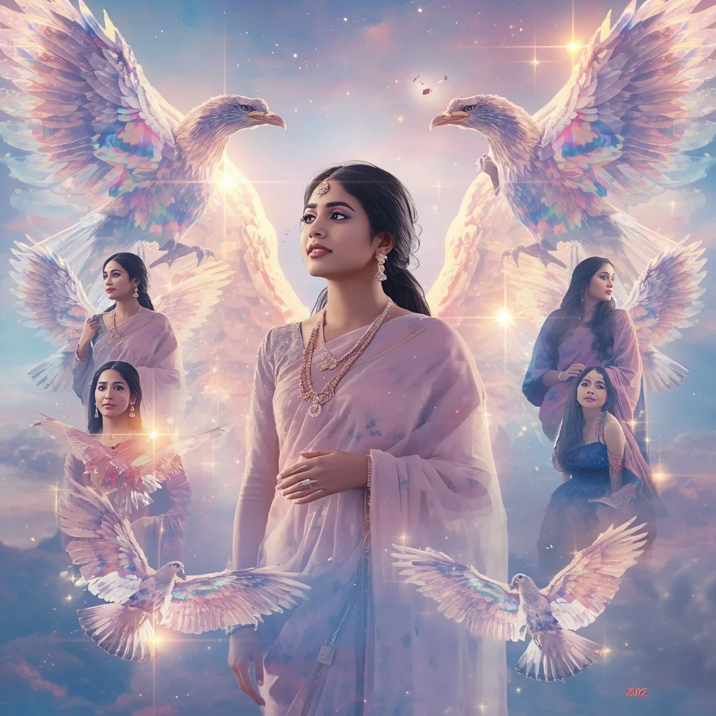 Festive Pastel Saree Crystal Griffin Aurora Empire Collage Premium | Instagram Influencer Ai Prompt