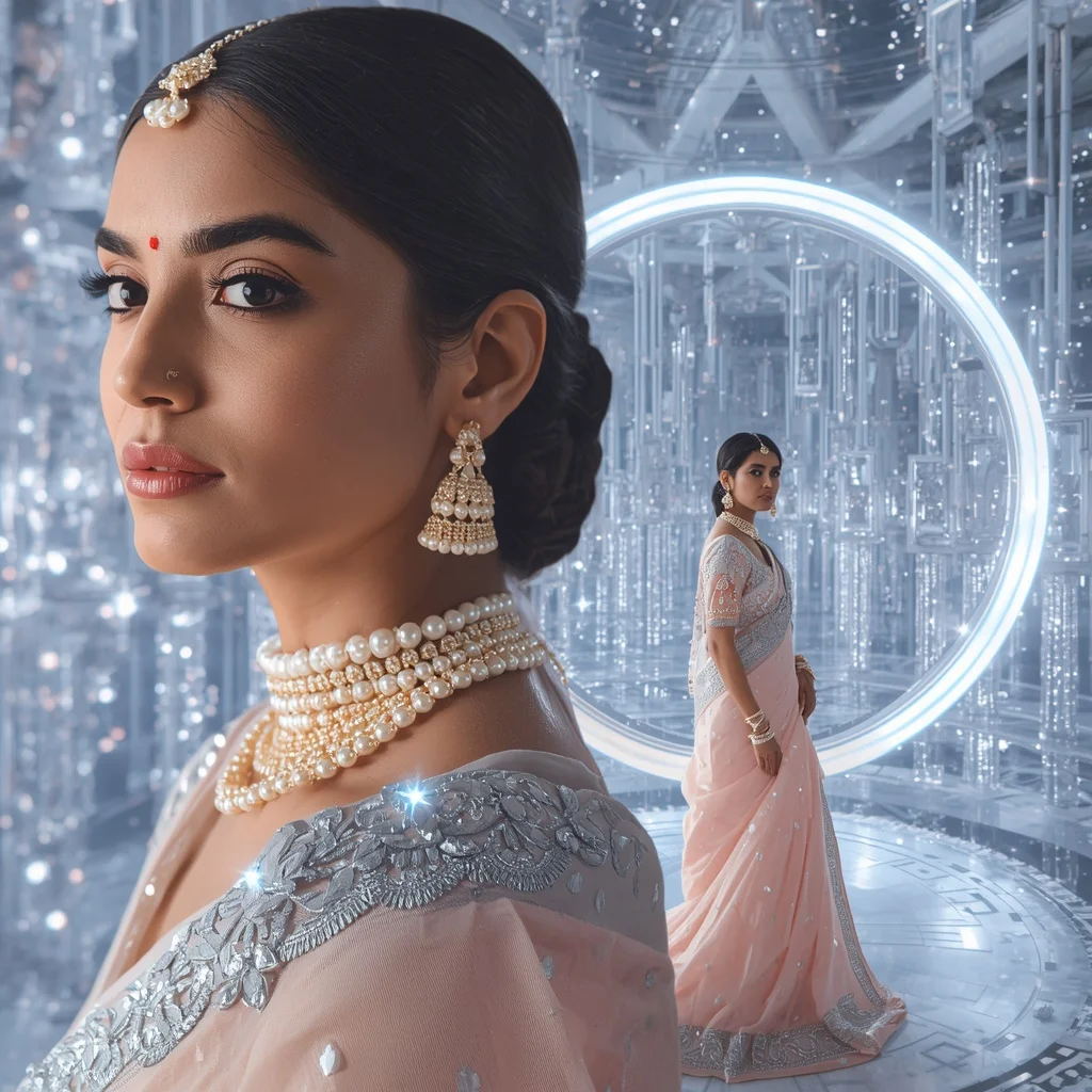 Festive Pastel Saree Crystal Halo Observatory Empire Collage | Prompt For Gemini Ai Girl Model Instagram