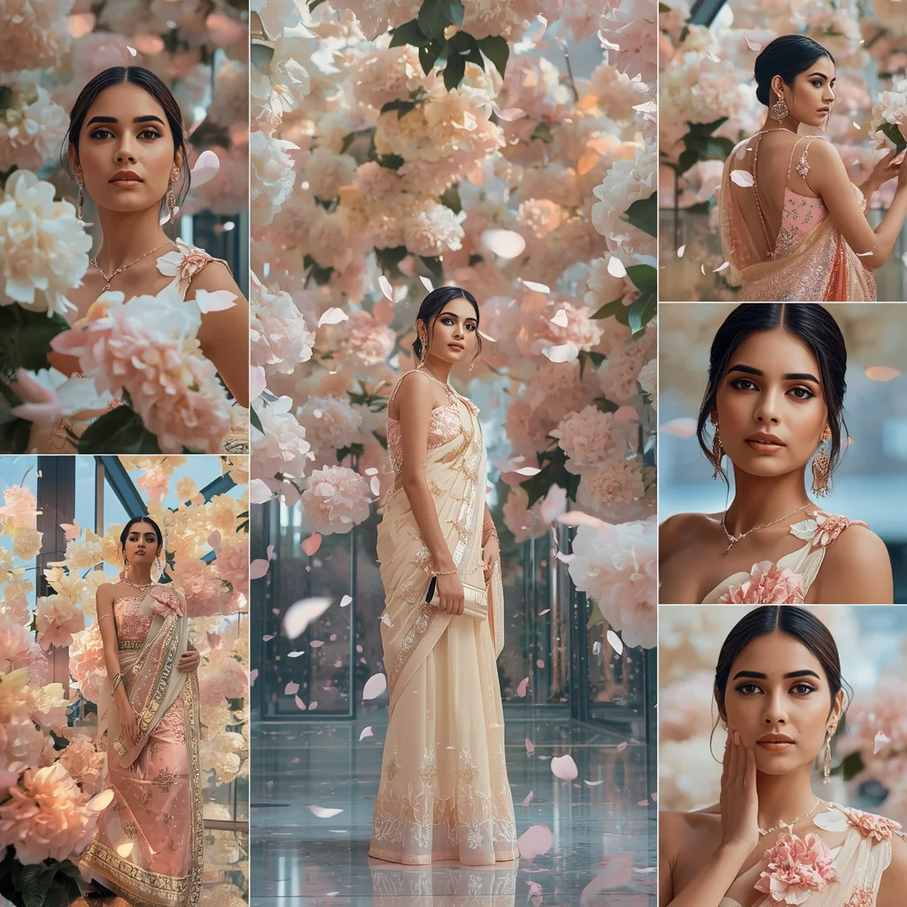 Festive Pastel Saree Crystal Hydrangea Cathedral Collage Premium Luxury Masterpiece | Female Model Ai Prompt