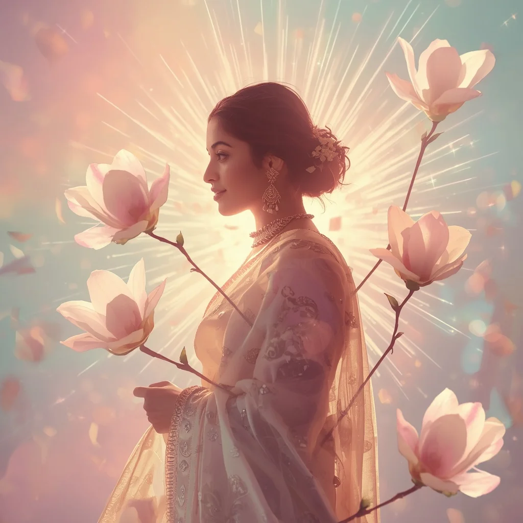 Festive Pastel Saree Crystal Magnolia Light Burst Collage Cinematic | South Indian Prompt For Girl ChatGPT