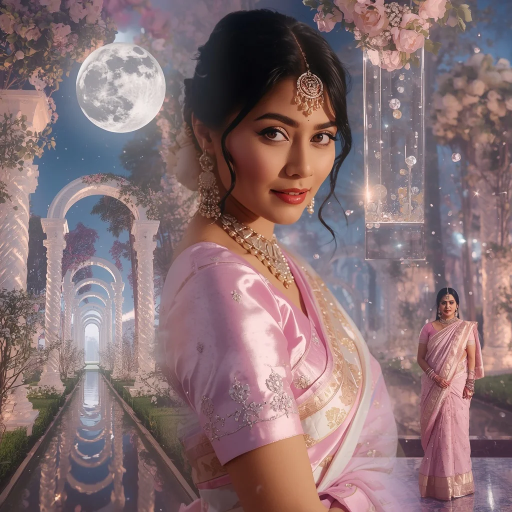 Festive Pastel Saree Crystal Moonlight Palace Garden Collage Premium Cinematic | Prompt For Traditional Look For Girl ChatGPT