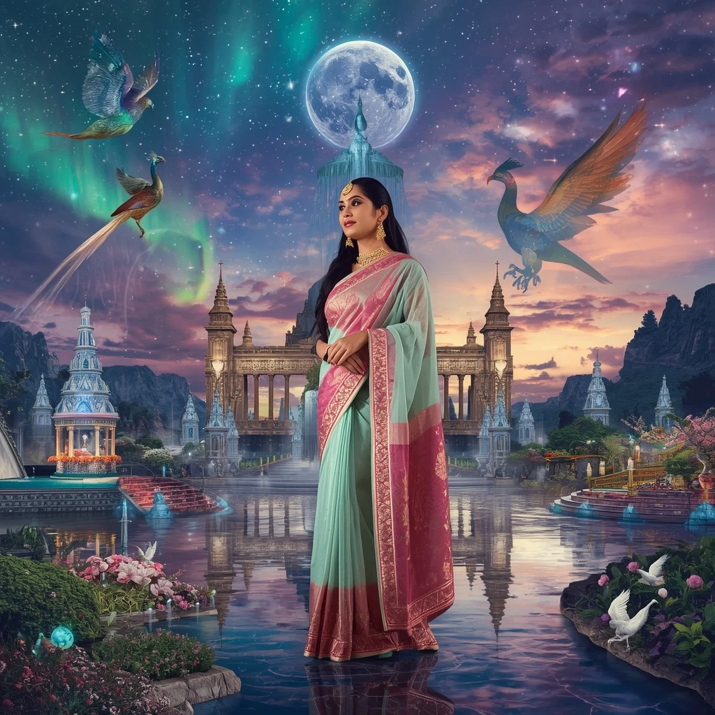 Festive Pastel Saree Crystal Phoenix Celestial Palace Luxury Collage | Ai Prompt Generator Free