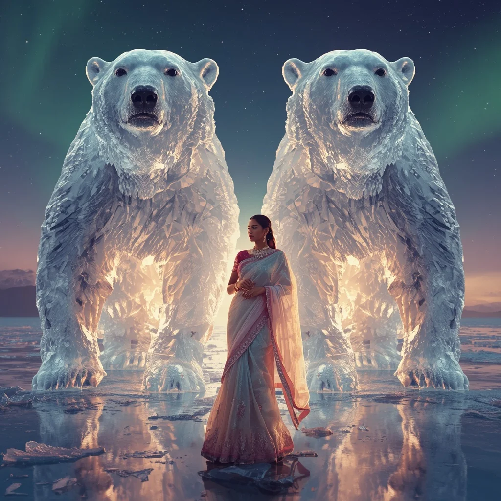 Festive Pastel Saree Crystal Polar Bear Kingdom Luxury Collage | Gemini Ai Prompt For Girl