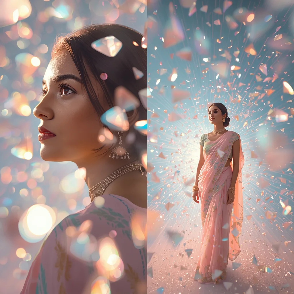 Festive Pastel Saree Crystal Prism Storm Collage | Indian Girl Light Refraction Explosion Cinematic Viral Prompt | Saree Prompt Seen