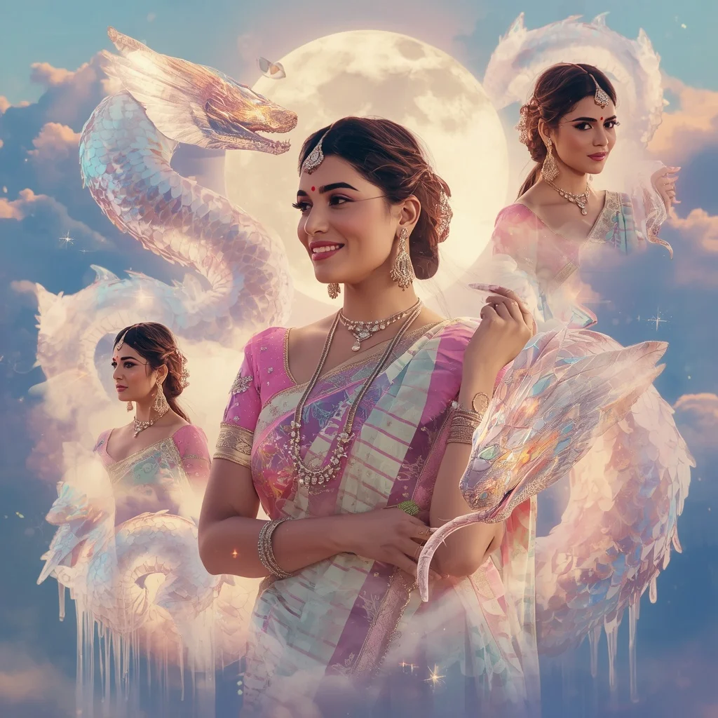Festive Pastel Saree Crystal Serpent Aurora Kingdom Collage Premium | Prompt For Traditional Look For Girl