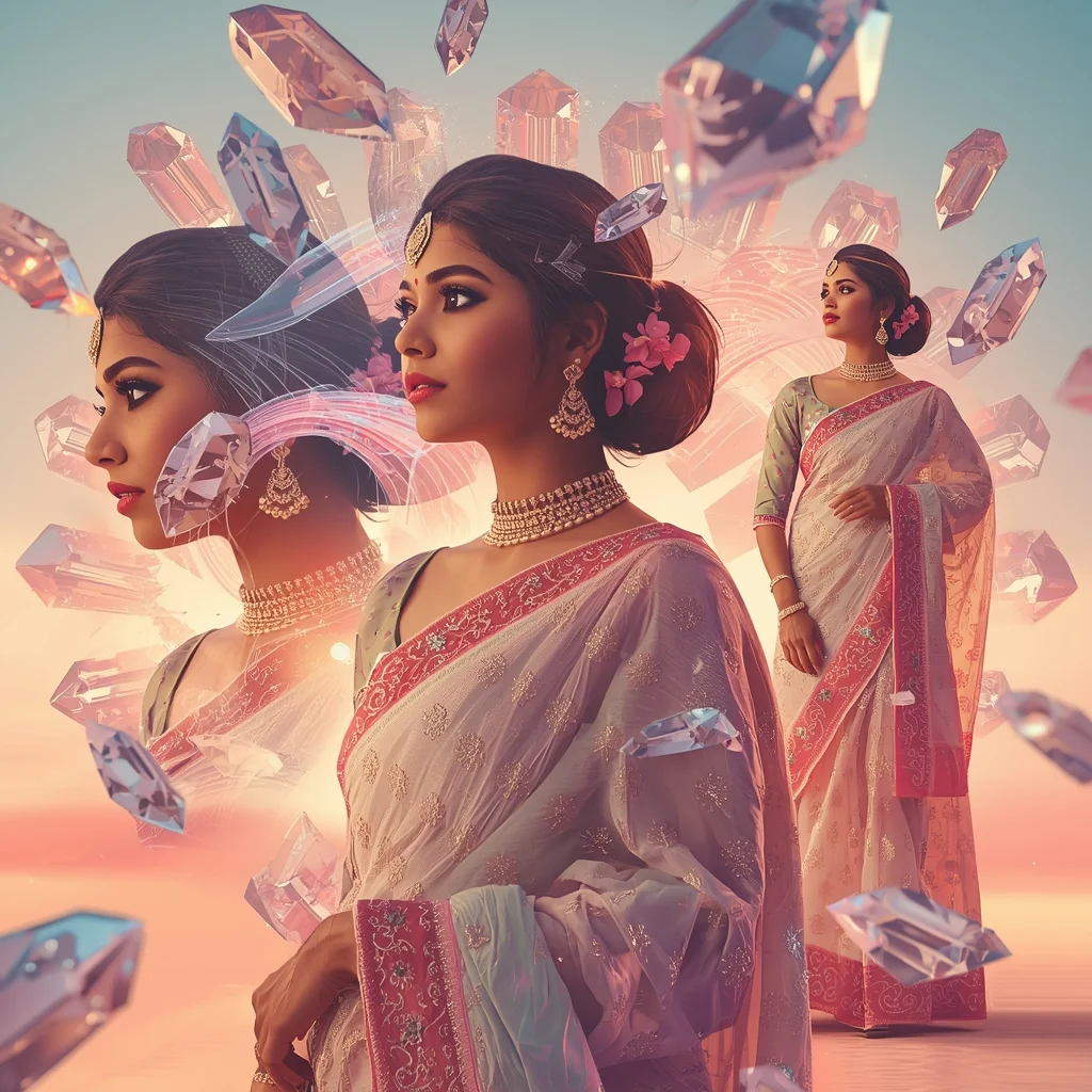 Festive Pastel Saree Crystal Soundwave Resonance Collage Premium Cinematic | Prompt For Girl Photo Editing