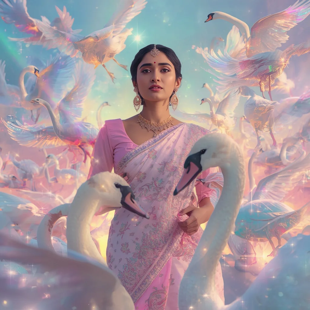 Festive Pastel Saree Crystal Swan Aurora Empire Collage Premium | Beautiful Woman Ai Prompt