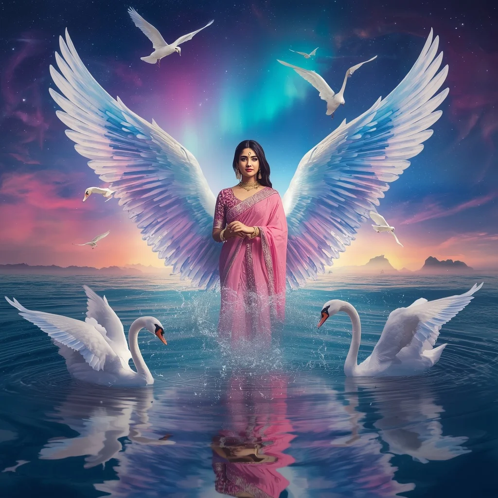 Festive Pastel Saree Crystal Swan Aurora Galaxy Tide Kingdom Collage Premium | Prompt For Girl Photo Editing