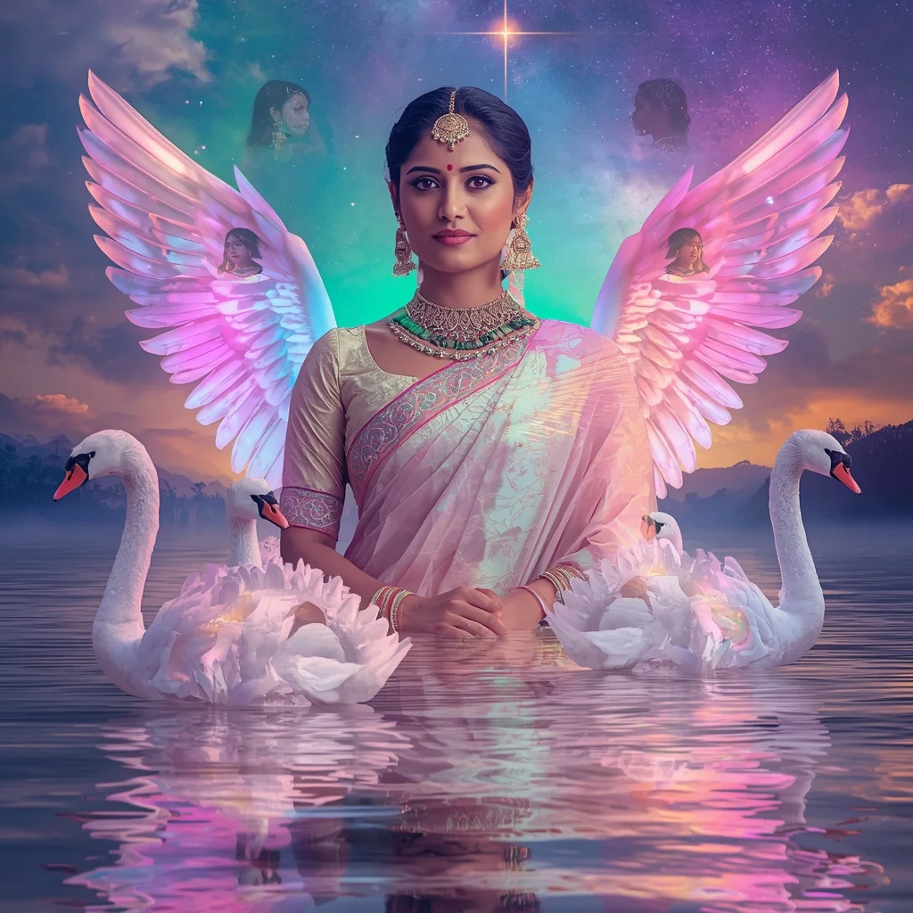 Festive Pastel Saree Crystal Swan Galaxy Aurora Lake Paradise Collage Premium | Ai Portrait Prompt