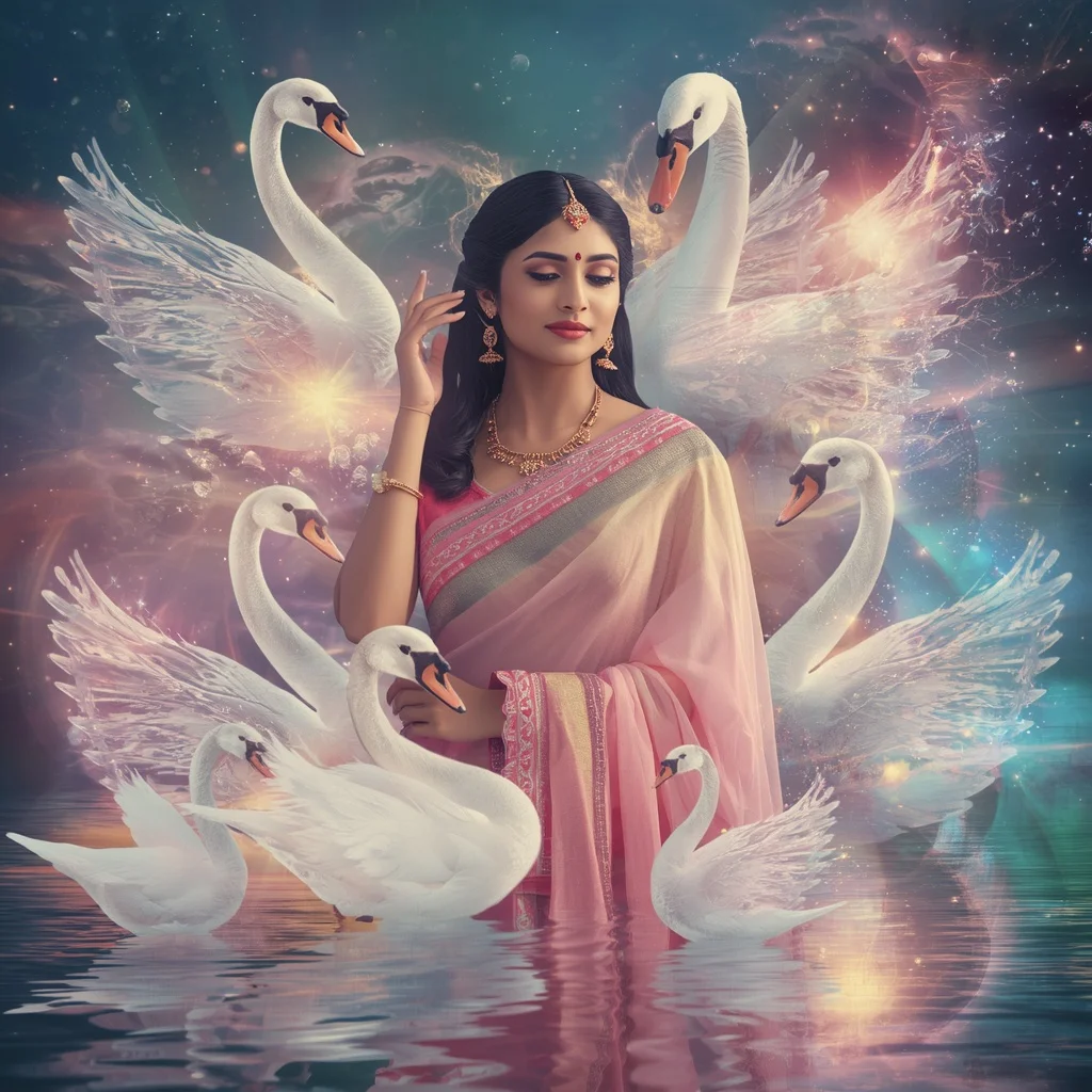 Festive Pastel Saree Crystal Swan Nebula Garden Collage Premium | Prompt Ai For Girl Aesthetic