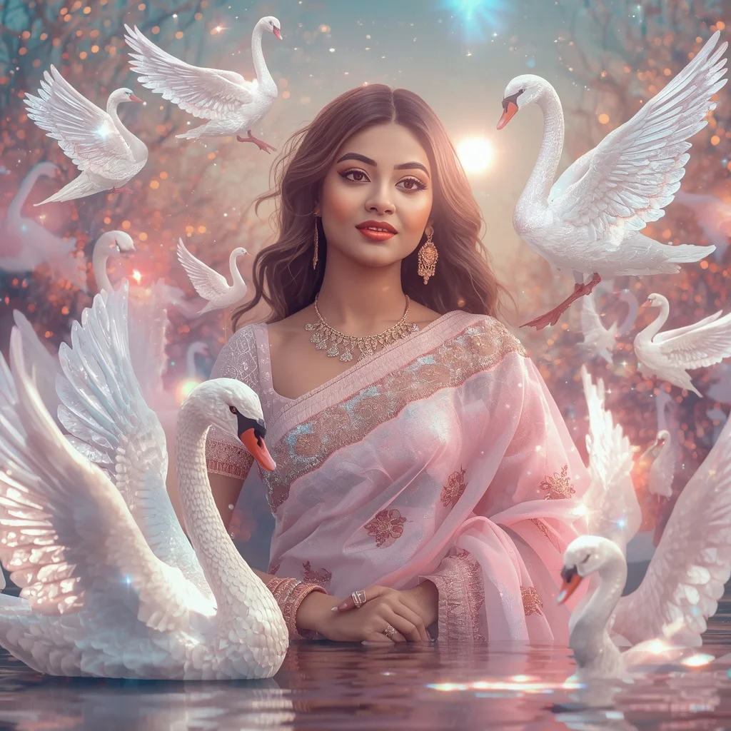 Festive Pastel Saree Crystal Swan Starlight Garden Collage Premium | Prompt Trending Girl 2026