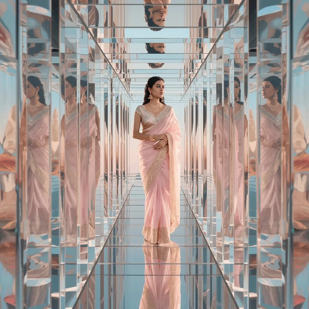 Festive Pastel Saree Crystal Tunnel Collage | Indian Girl Infinite Depth Aesthetic Cinematic Viral Prompt | Bridal Saree Ai Prompt