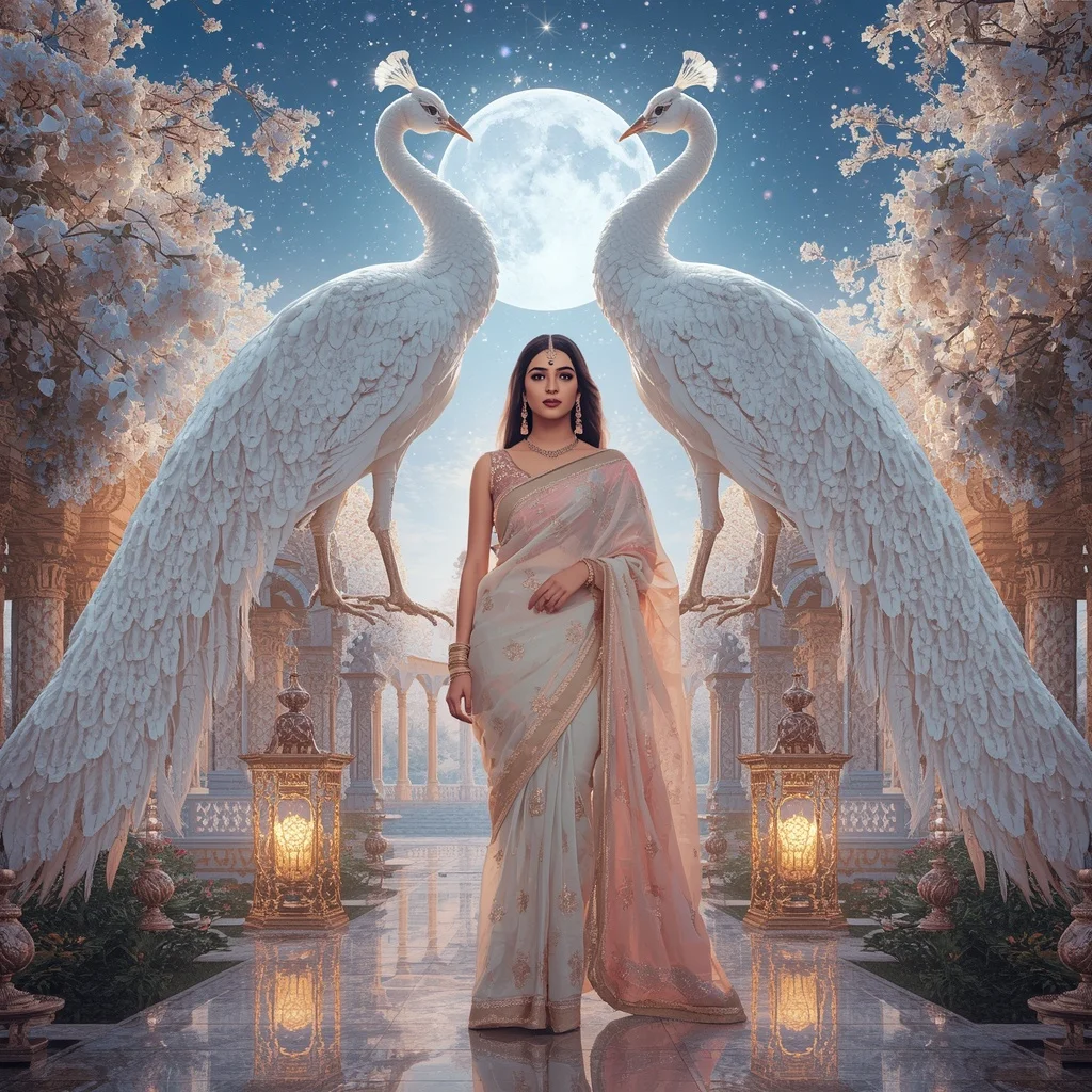 Festive Pastel Saree Crystal White Peacock Dynasty Luxury Collage | Instagram Highlight Cover Ai Prompt