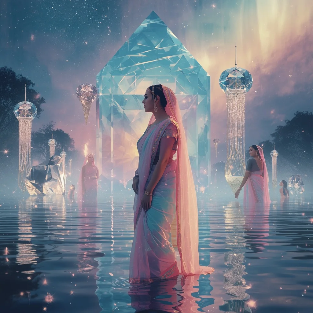 Festive Pastel Saree Diamond Aurora Crystal Lake Empire Luxury Collage | Travel Ai Prompt