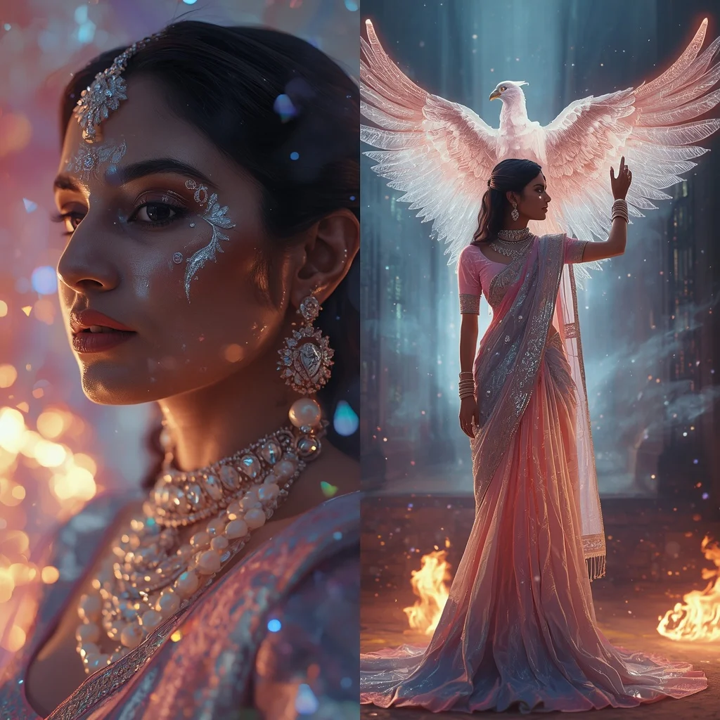 Festive Pastel Saree Diamond Aurora Phoenix Sanctuary Collage | Trending Prompt Girls ChatGPT