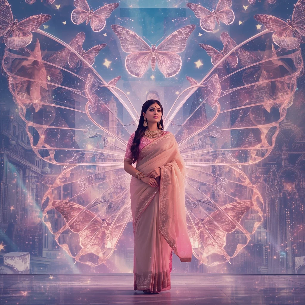 Festive Pastel Saree Diamond Butterfly Galaxy Empire Collage Premium | Girl Prompt