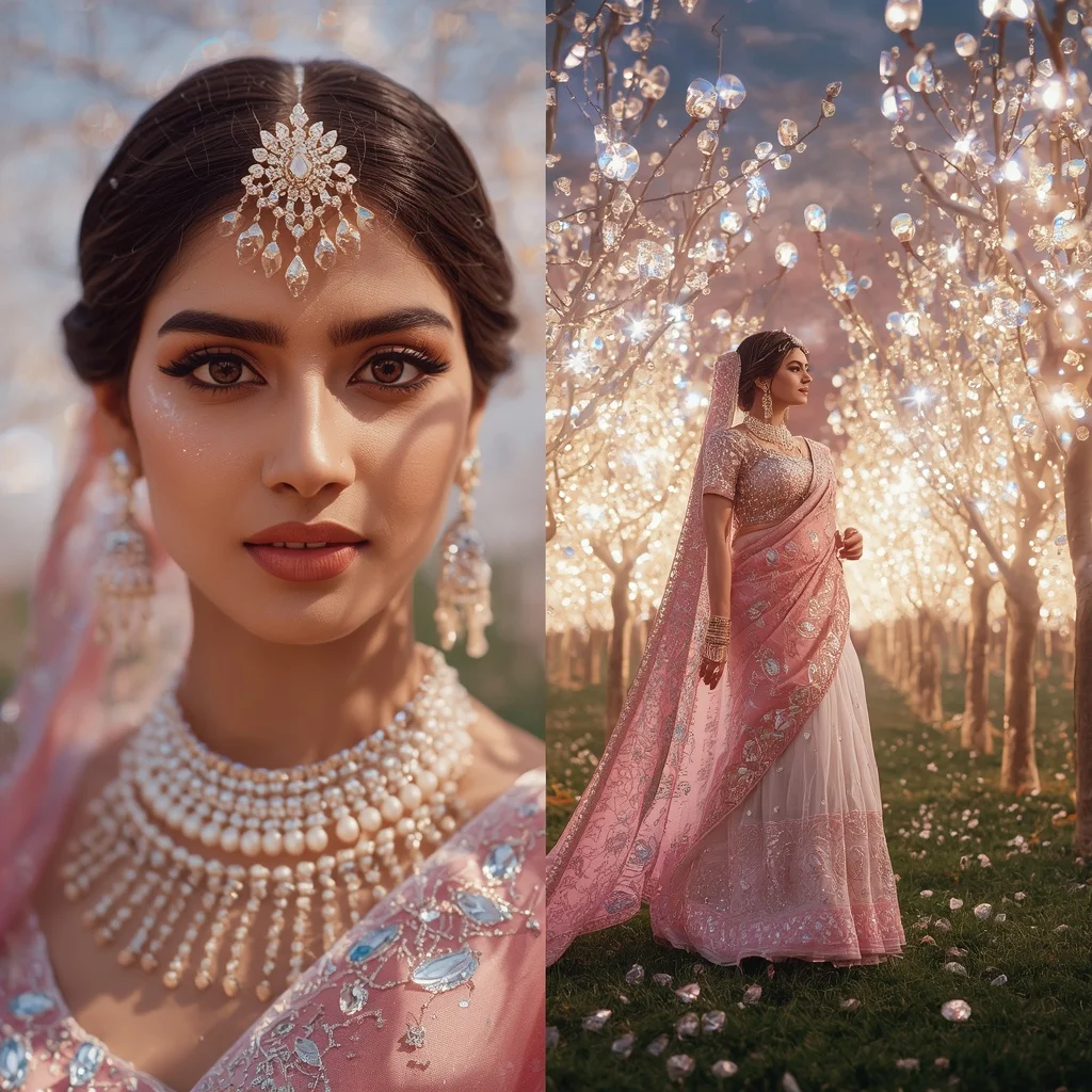 Festive Pastel Saree Diamond Crown Galaxy Orchard Collage | Trending Prompt Girls ChatGPT