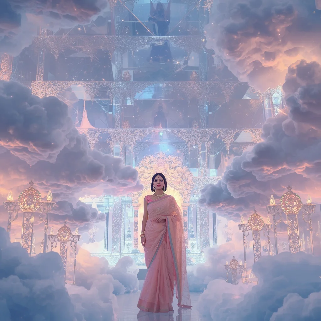 Festive Pastel Saree Diamond Crystal Cloud Palace Collage Premium | Prompt Seen Horror Girl