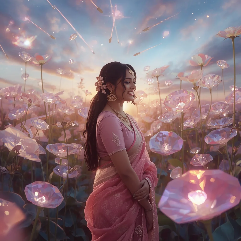 Festive Pastel Saree Diamond Crystal Comet Garden Collage Premium | Indian Girl Ai Prompt