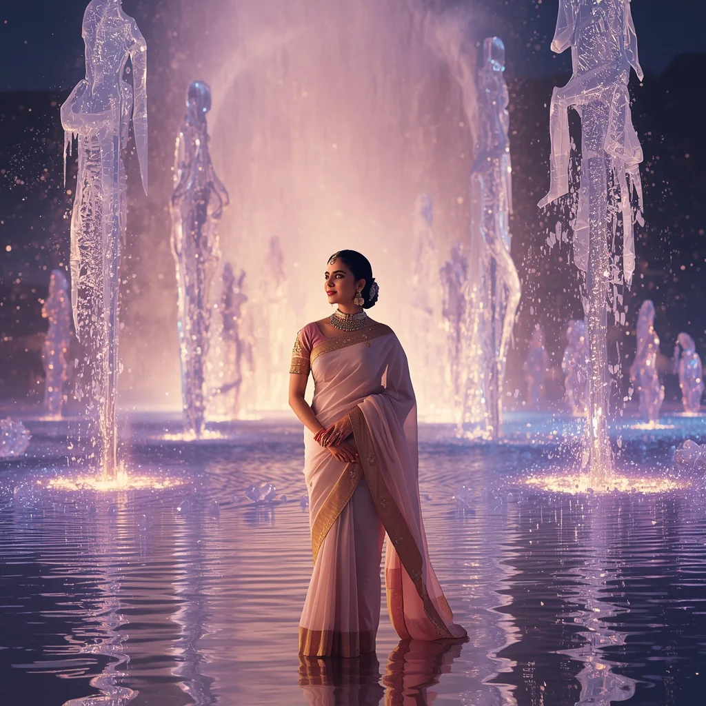 Festive Pastel Saree Diamond Crystal Galaxy Fountain Collage Premium | Festive Prompt