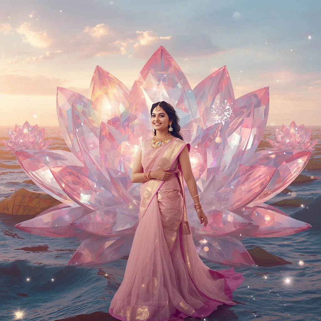 Festive Pastel Saree Diamond Crystal Lotus Horizon Collage Premium | Editing Prompt Girl
