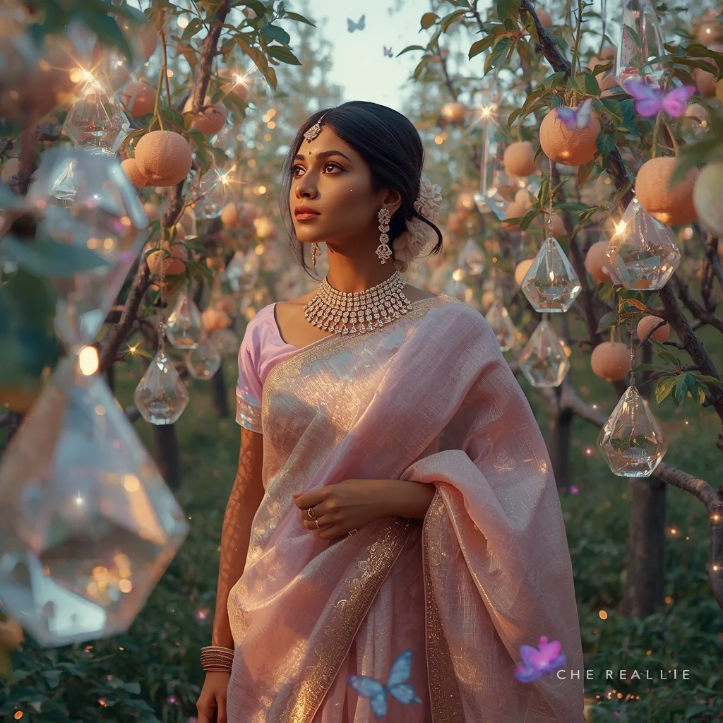 Festive Pastel Saree Diamond Crystal Star Orchard Collage Luxury | Prompt Gemini Ai