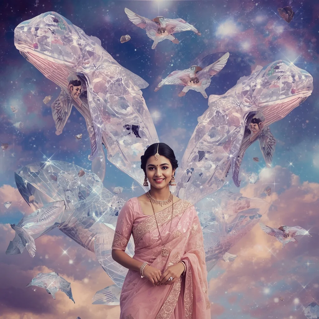 Festive Pastel Saree Diamond Crystal Whale Kingdom Collage Luxury | Woman Pose Ai Prompt