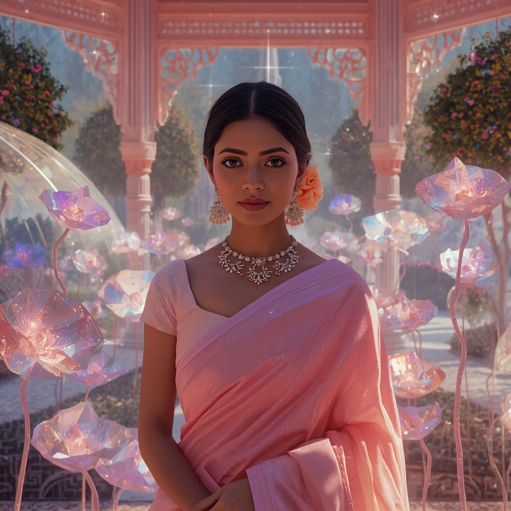 Festive Pastel Saree Diamond Galaxy Garden Pavilion Collage Luxury | Gemini Ai Prompt