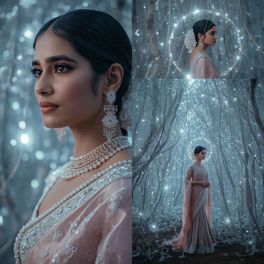 Festive Pastel Saree Diamond Halo Forest Collage | Ai Selfie Prompt