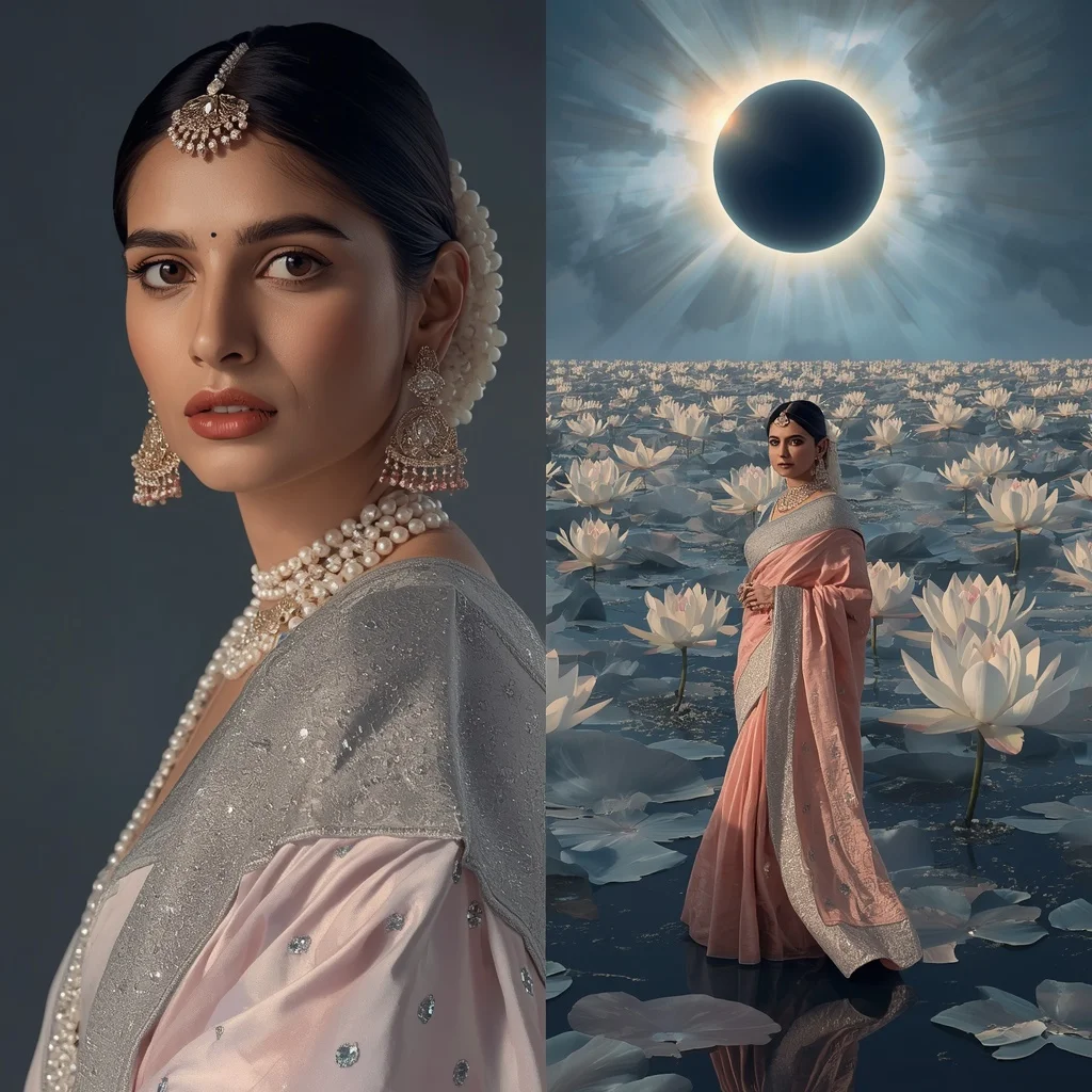 Festive Pastel Saree Diamond Lotus Eclipse Ocean Collage | Girls Trending Prompt Gemini Instagram