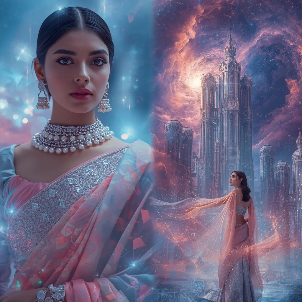 Festive Pastel Saree Diamond Nebula Clocktower Realm Collage | Ai Gemini Photo Prompt