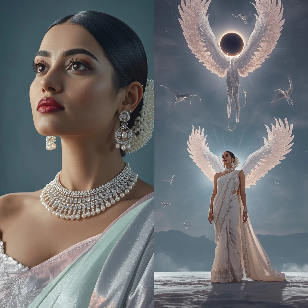 Festive Pastel Saree Diamond Phoenix Eclipse Sanctuary Collage | Ultra Realistic Ai Prompt