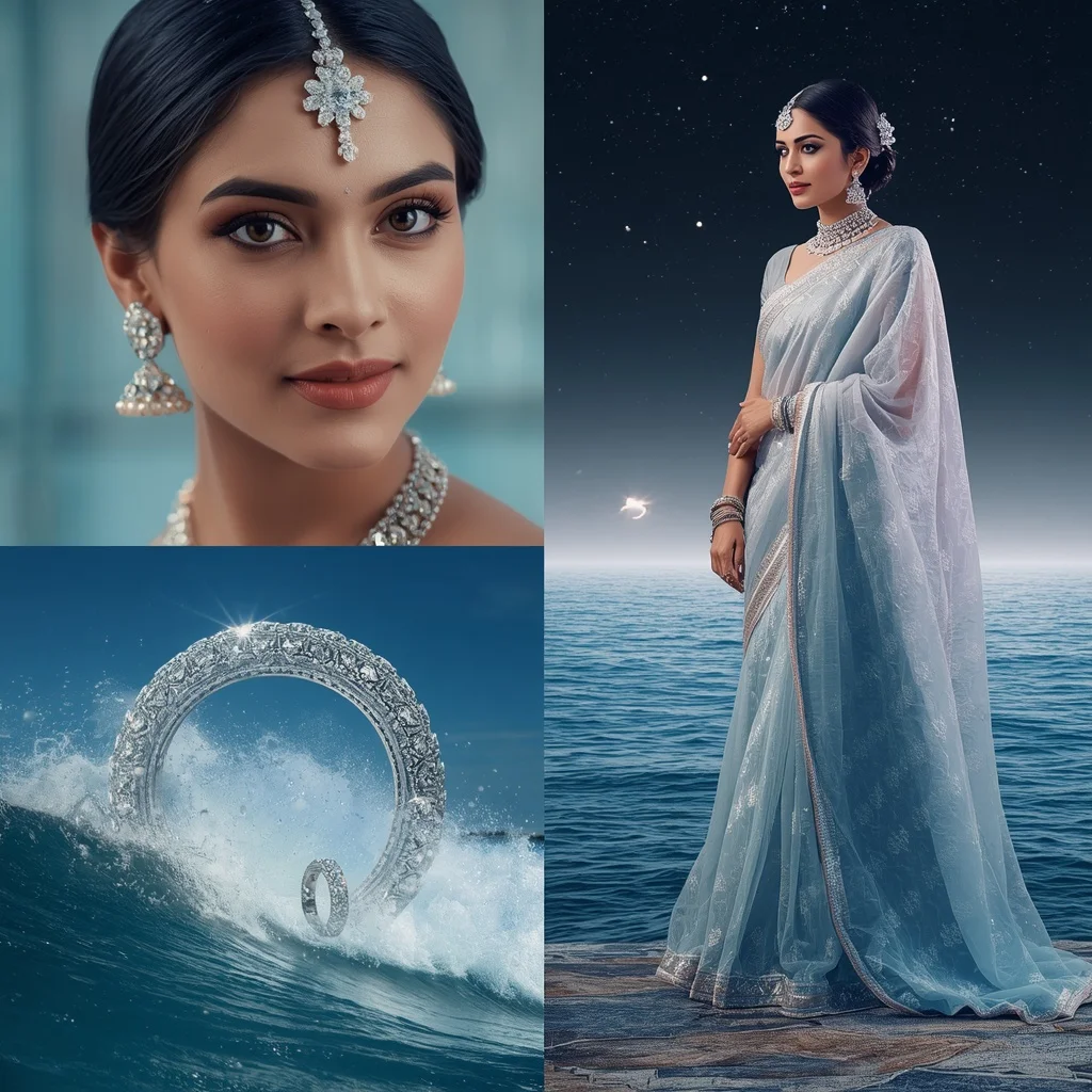 Festive Pastel Saree Diamond Planet Ring Ocean Collage | Influencers Ai Prompt