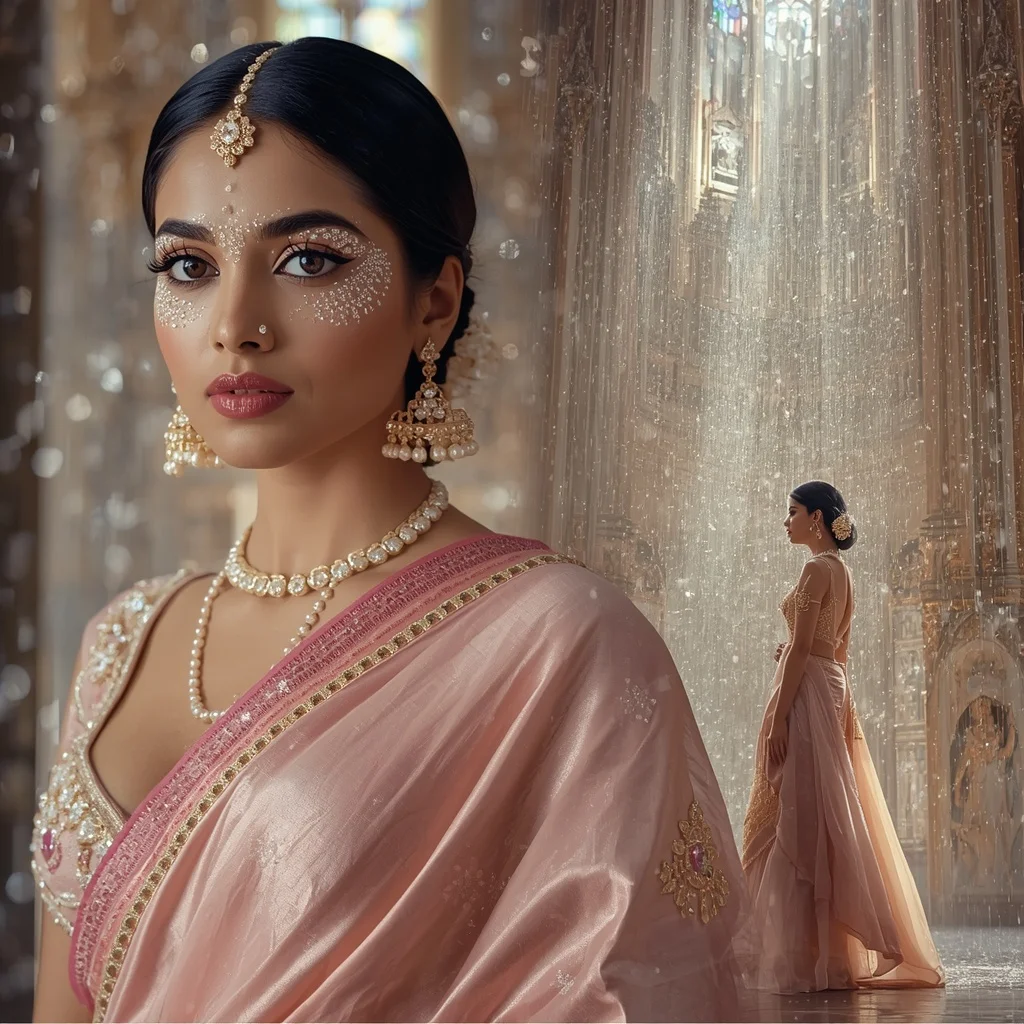 Festive Pastel Saree Diamond Rainstorm Cathedral Collage | Girls Trending Prompt Gemini Instagram