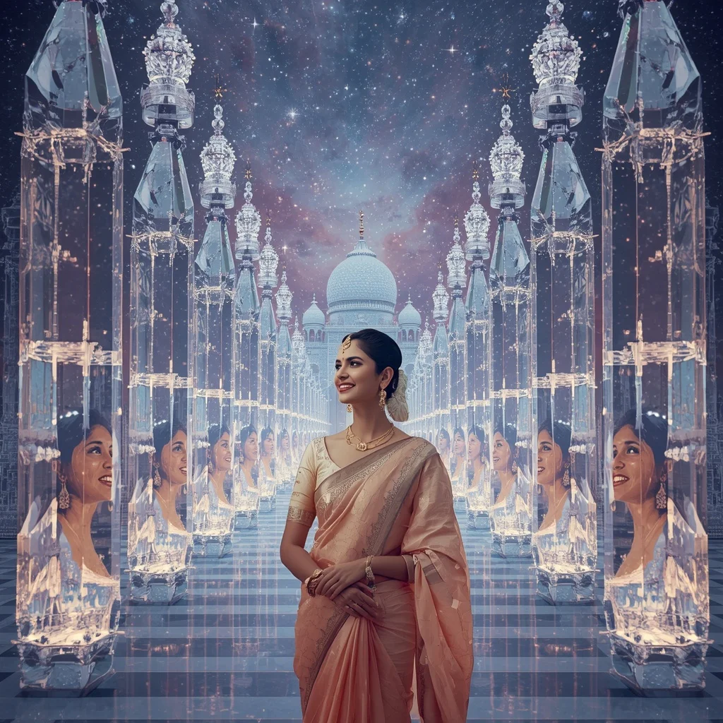 Festive Pastel Saree Diamond Starlight Palace Universe Collage Premium | Female Model Ai Prompt