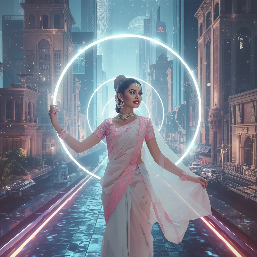 Festive Pastel Saree Digital Celestial Halo City Collage Modern Cinematic | Trending Prompt Copy Paste