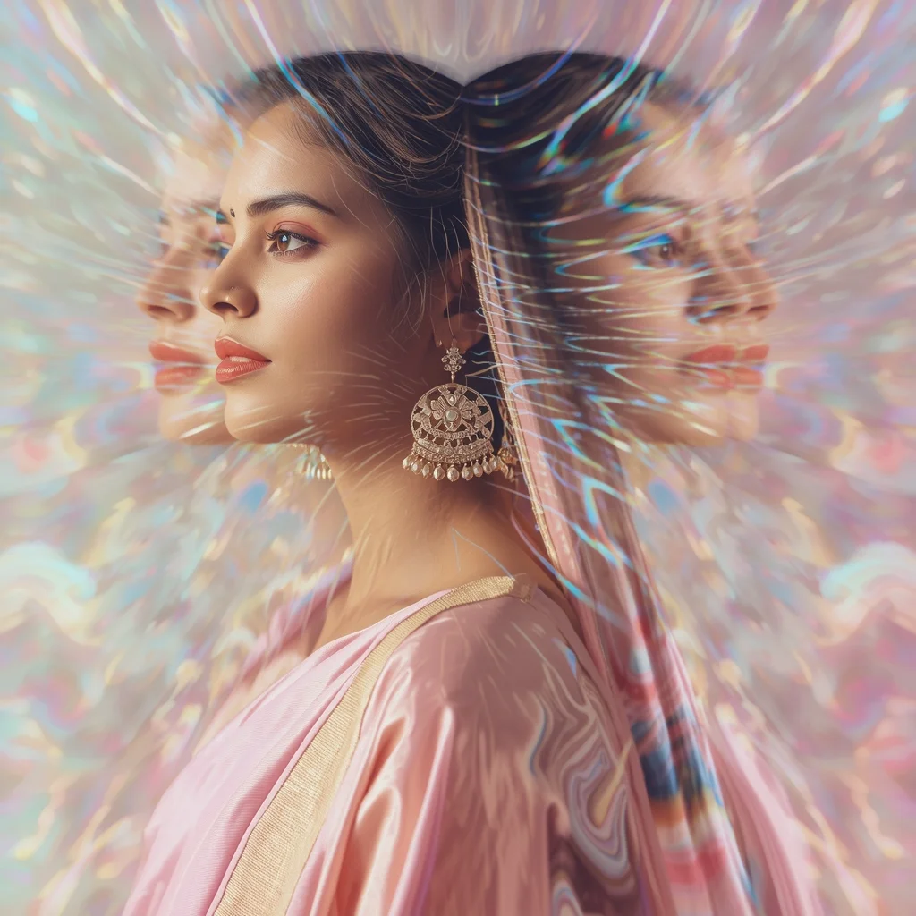 Festive Pastel Saree Digital Wave Interference Pattern Collage Cinematic Aesthetic | Best Prompt For Saree For Wedding