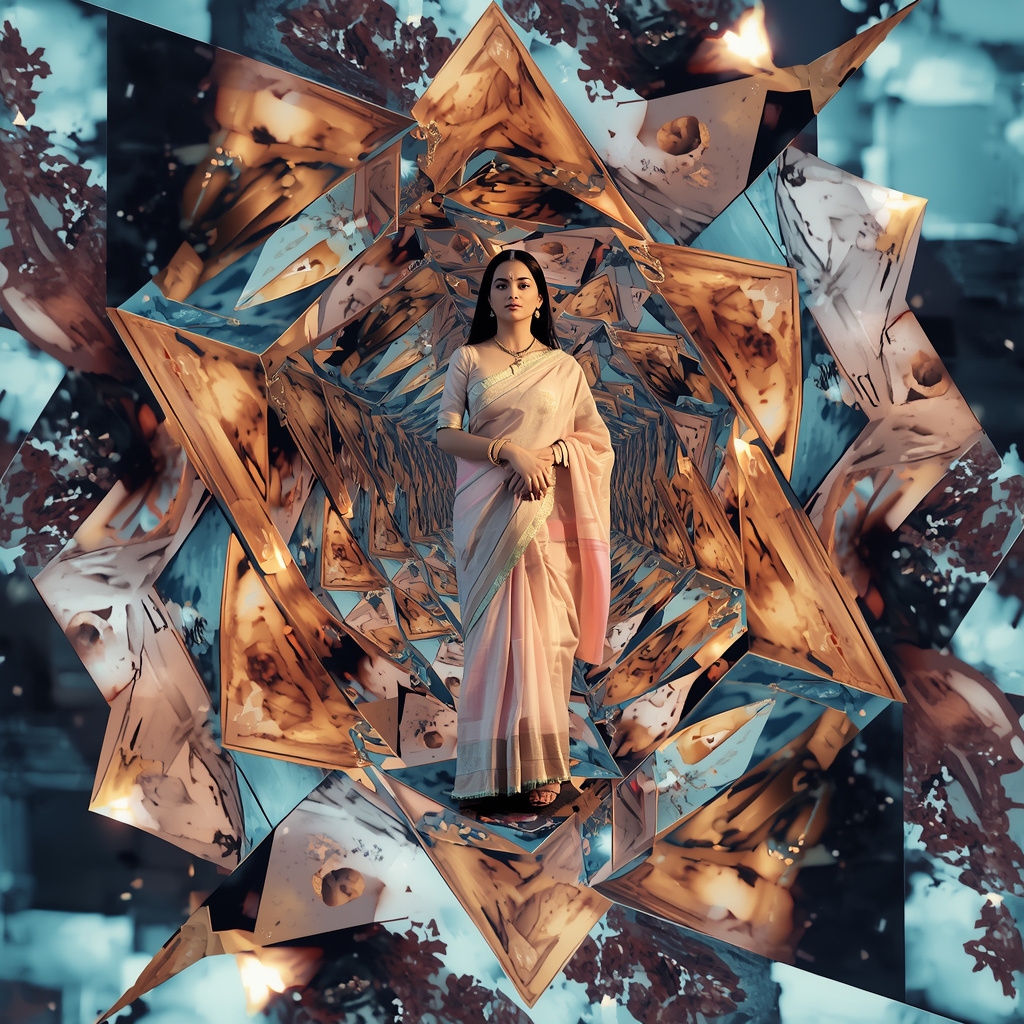 Festive Pastel Saree Dimensional Mirror Fold Explosion Collage | Reality Origami Prompt | Saree Prompt For Gemini Ai