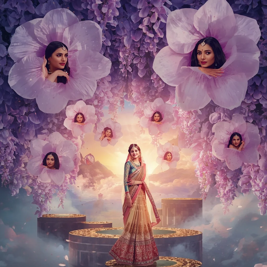 Festive Pastel Saree Dream Celestial Wisteria Kingdom Collage Cinematic | New Design Ai Prompt