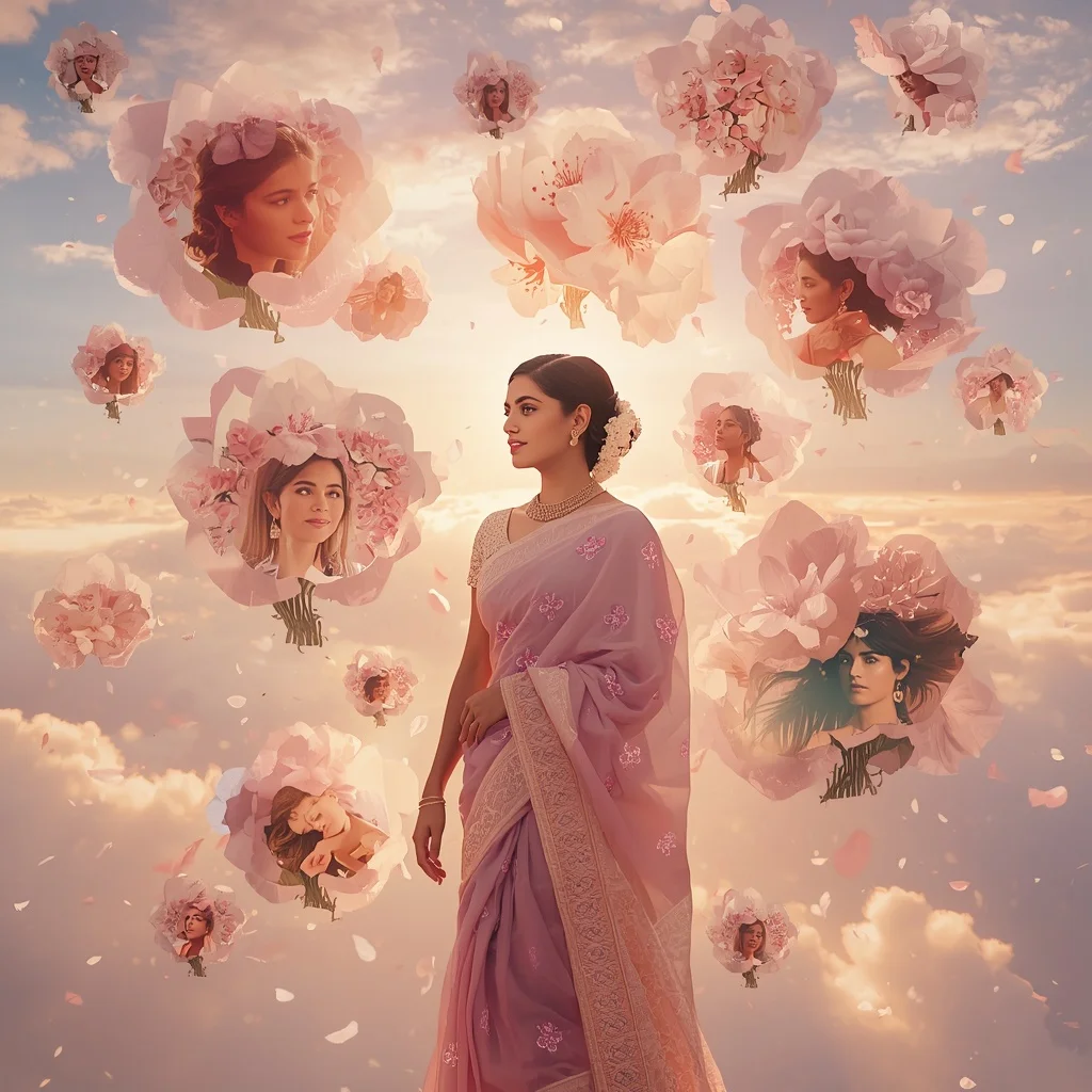 Festive Pastel Saree Dream Cherry Blossom Cloudscape Collage Cinematic | Prompt For Traditional Look On Instagram