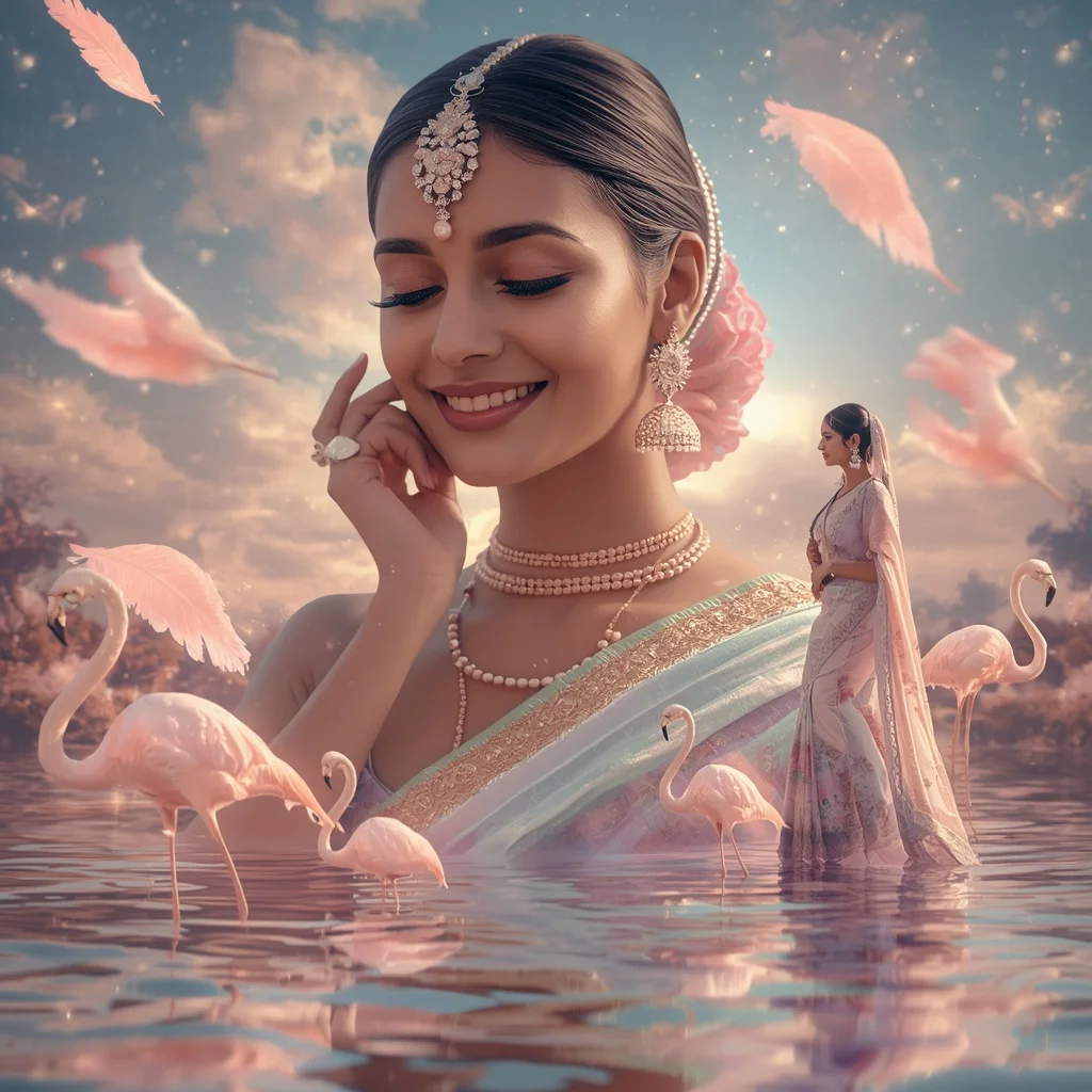 Festive Pastel Saree Dream Crystal Flamingo Paradise Collage Cinematic Aesthetic | Lighting Ai Prompt