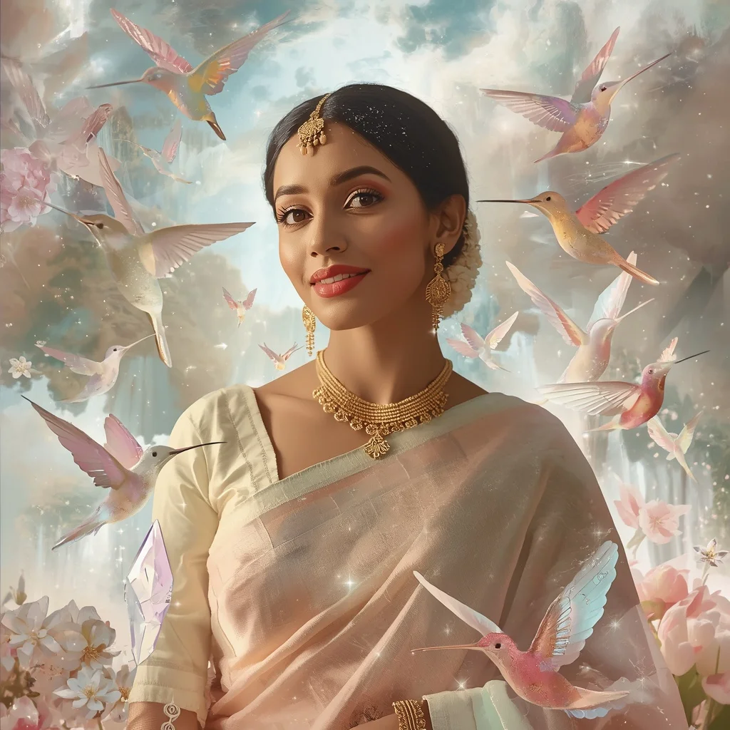 Festive Pastel Saree Dream Crystal Hummingbird Garden Collage Cinematic Aesthetic | Prompt For Gemini AI Girl Model