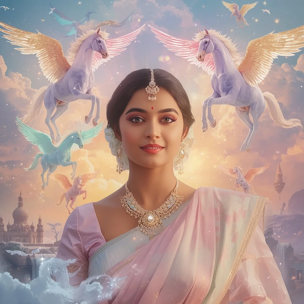 Festive Pastel Saree Dream Crystal Pegasus Kingdom Collage Cinematic Aesthetic | Prompt Seen Trending Girl 2026 Chatgpt