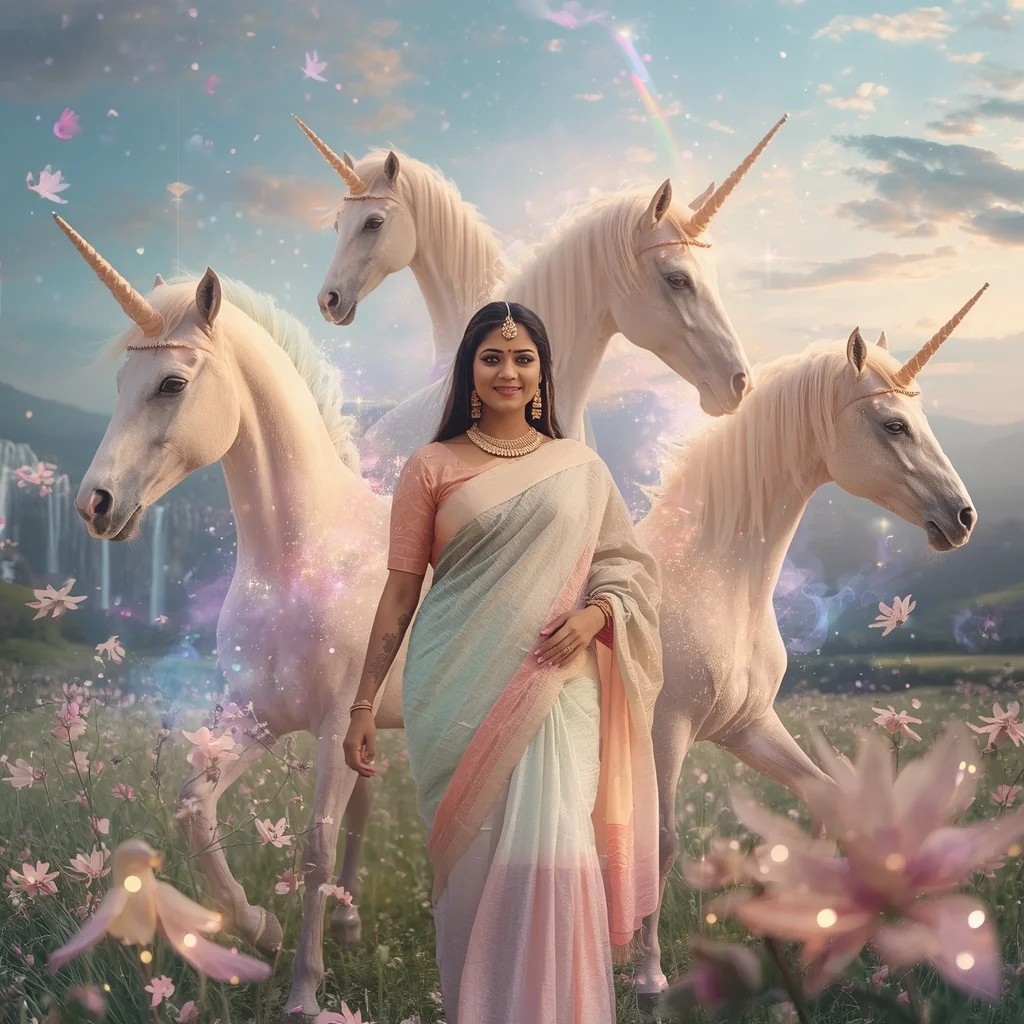 Festive Pastel Saree Dream Crystal Unicorn Valley Collage Cinematic Aesthetic | Fitness Model Ai Prompt