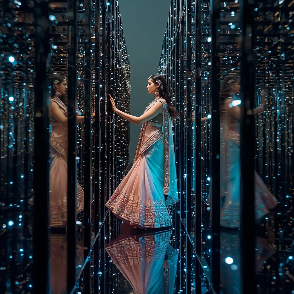 Festive Pastel Saree Dynamic Ferrofluid Kinetic Maze Reflection Collage Premium Cinematic | Prompt For Traditional Look For Girl Chatgpt Instagram