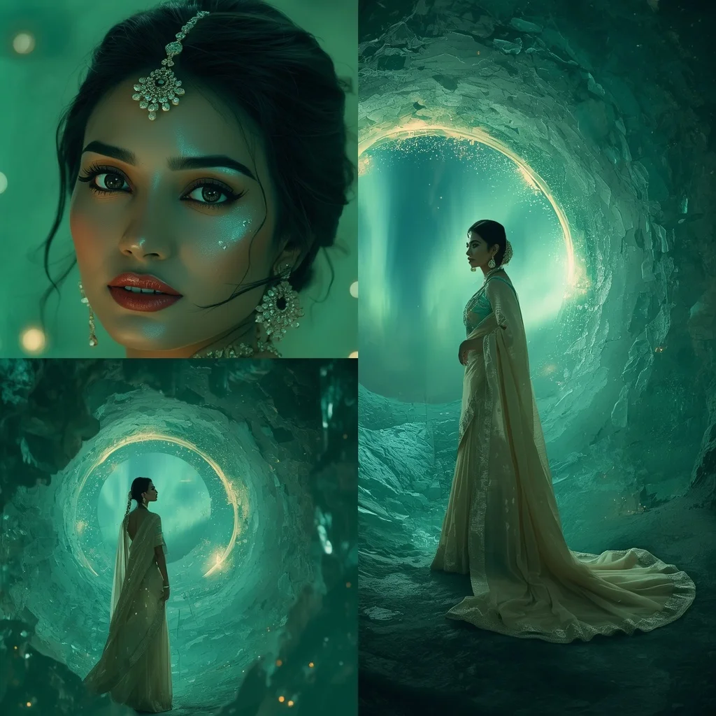 Festive Pastel Saree Emerald Aurora Spiral Canyon Collage | Prompt Seen Trending Girl 2026 Butterfly