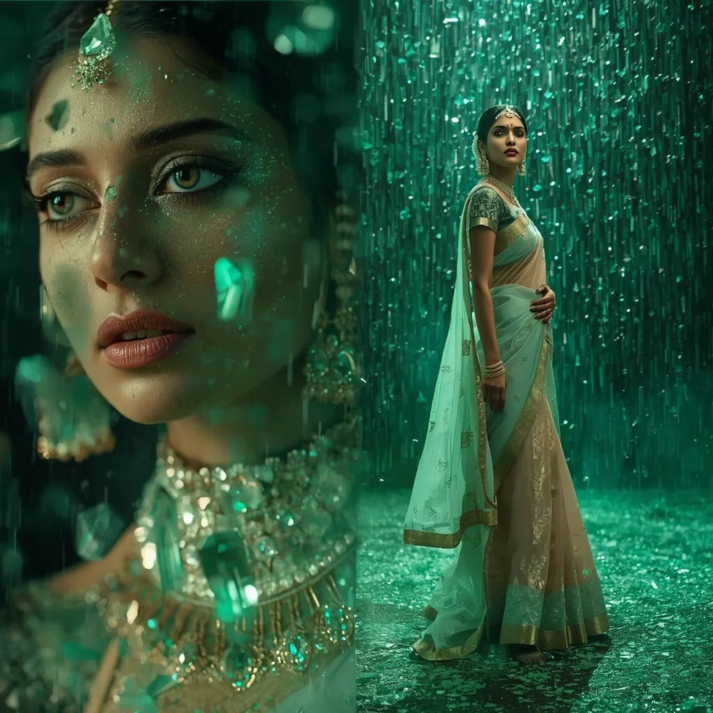 Festive Pastel Saree Emerald Crystal Rain Kingdom Collage | Desi Girl Ai Prompt