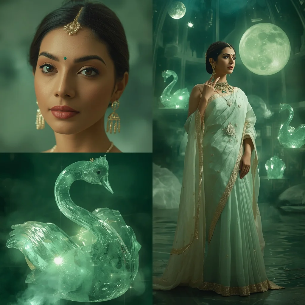 Festive Pastel Saree Emerald Crystal Swan Observatory Collage | South Indian Prompt For Girl ChatGPT